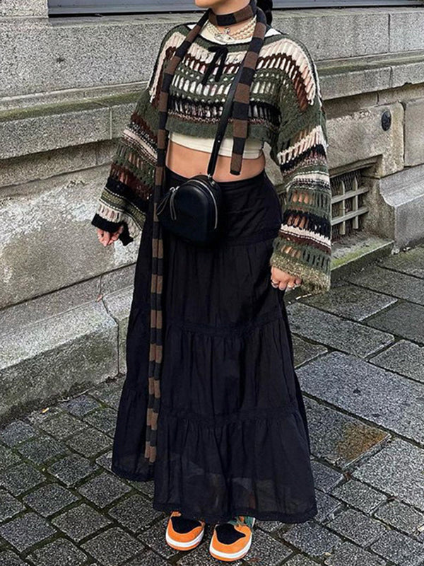 Long Sleeves Loose Drawstring Hollow Split-Joint Round-Neck Sweater Tops