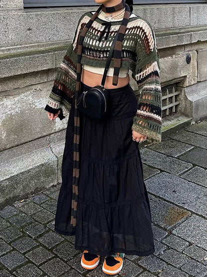 Long Sleeves Loose Drawstring Hollow Split-Joint Round-Neck Sweater Tops