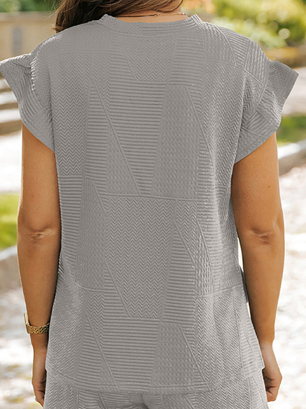 Loose Ruffle Sleeves Round-Neck Drawstring Pockets Solid Color Split-Joint Split-Side Two Pieces Set