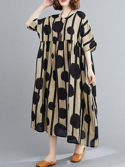 Original Polka-Dot Split-Joint Round-Neck Midi Dress
