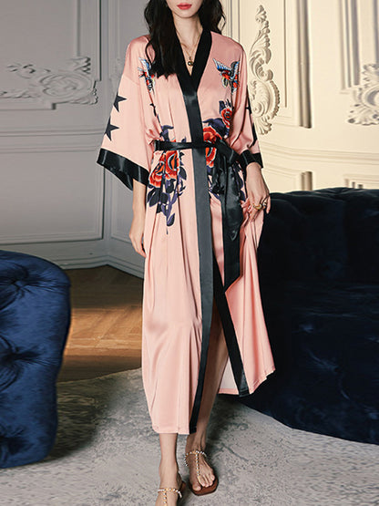 Loose Three-Quarter Sleeves Floral Printed Split-Joint Tied Waist Robes