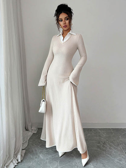 Bodycon False Two Ribbed Knit Split-Joint Lapel Maxi Dresses Sweater Dresses