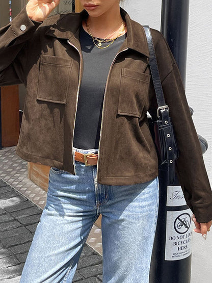 Long Sleeves Loose Pockets Solid Color Zipper Lapel Jackets Outerwear