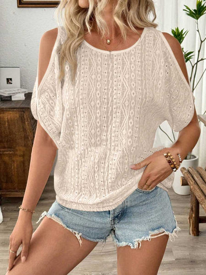 Loose Short Sleeves Solid Color Split-Joint Textured Cold Shoulder Blouses&Shirts Tops