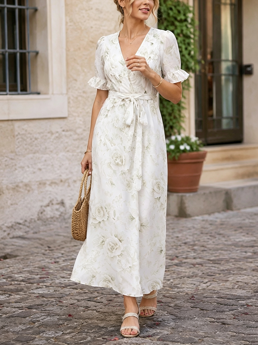 Tied Waist Split-Joint Ruffled Flower Print Contrast Color Short Sleeves Loose Deep V-Neck Maxi Dresses