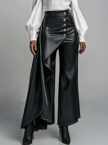 High Waisted Wide Leg Buttoned Pleated Solid Color Split-Joint Zipper Pants Trousers