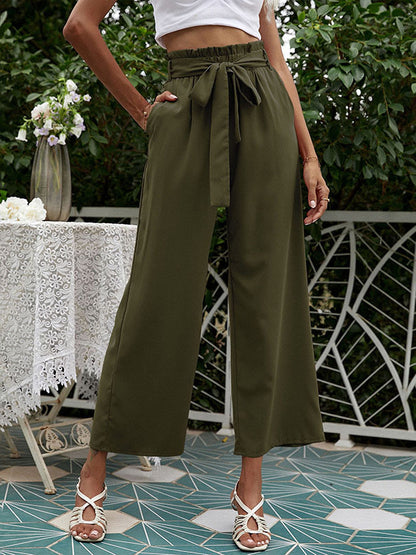 High Waisted Loose Pockets Solid Color Tied Waist Pants Trousers