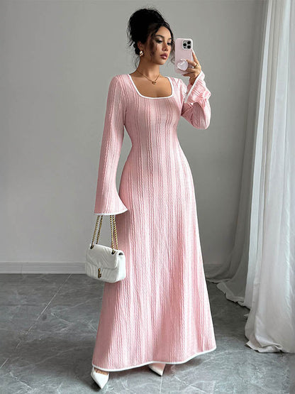 A-Line Bodycon Ribbed Knit Split-Joint Square-Neck Maxi Dresses