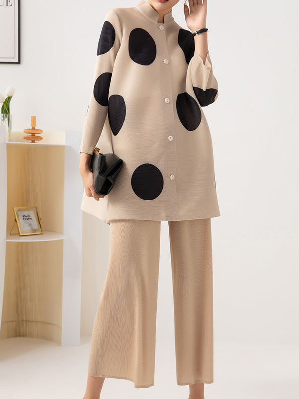 Long Sleeves Loose Pleated Polka Dot Stand Collar Top + Pants Bottomtwo Pieces Set