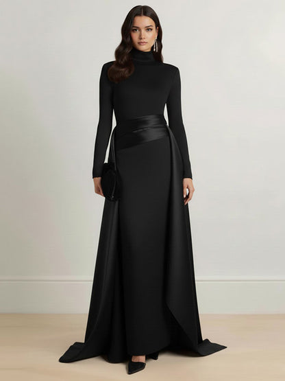 Bodycon Elasticated Waist Asymmetric Solid Color Split-Joint High Neck Maxi Dresses