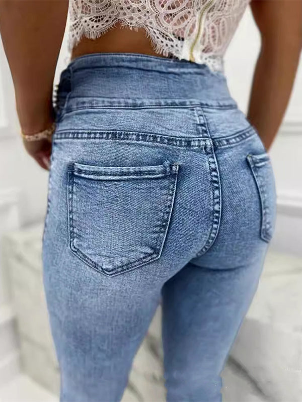 Skinny Beads Buttoned Elasticity Pockets Zipper Jean Pants Bottoms