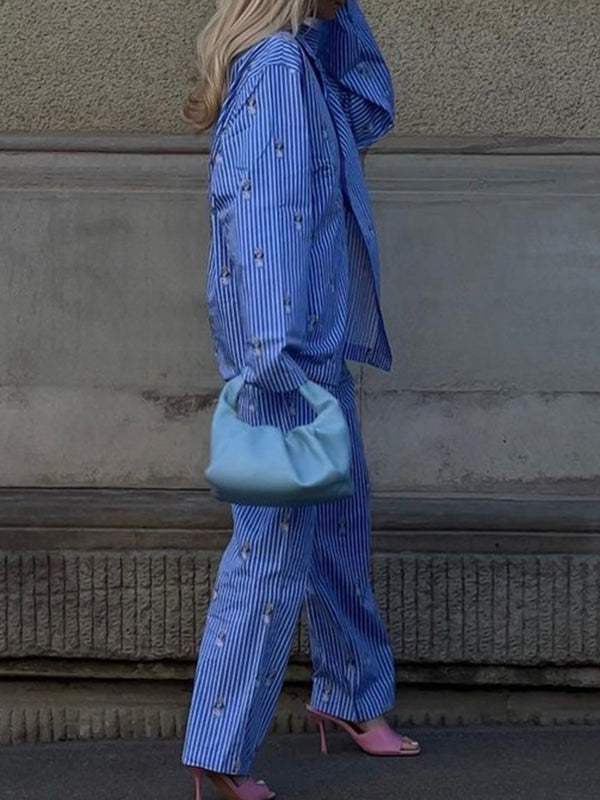 Long Sleeves Buttoned Cartoon Printed Contrast Color Striped Lapel Blouses Tops + Tied Waist High Waisted Pants Bottom Two Pieces Set