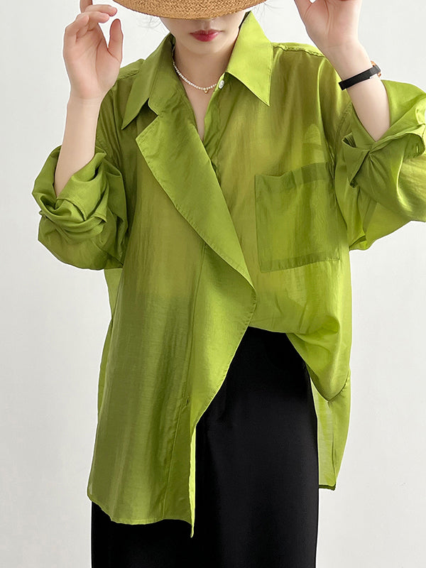 Irregular Clipping Long Sleeves Solid Color Lapel Blouses&Shirts Tops