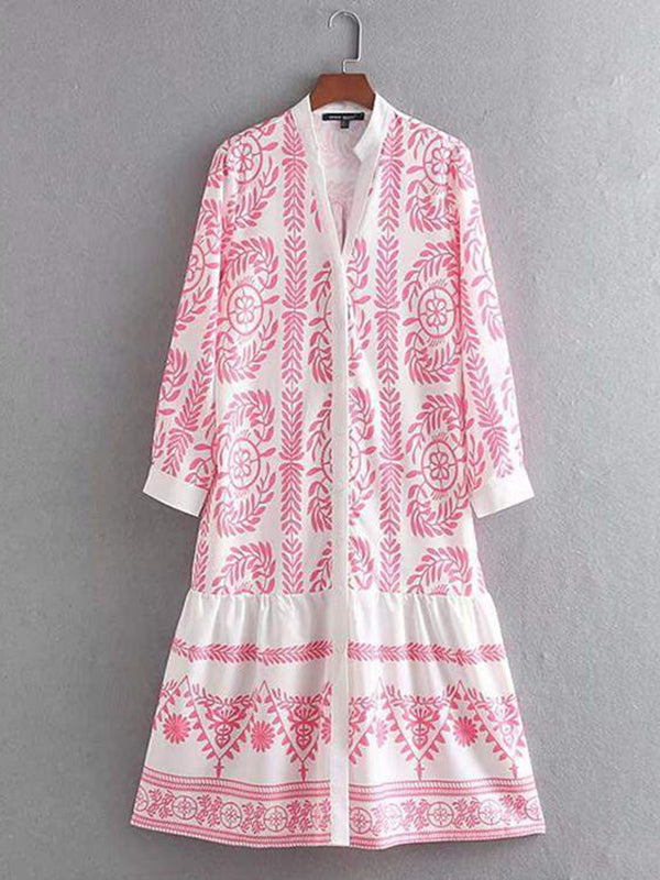 Long Sleeves Loose Leaves Print Printed Stand Collar Midi Dresses