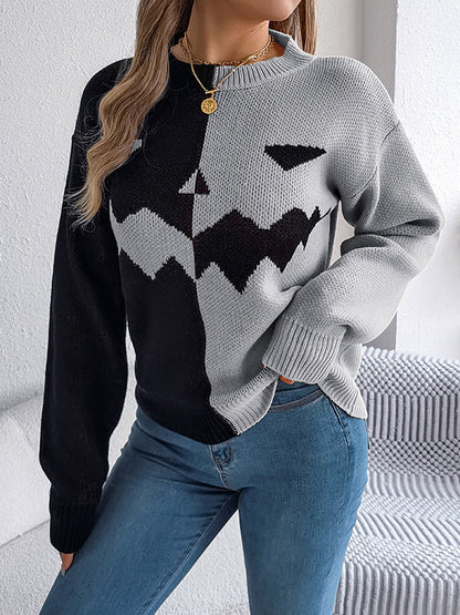 Long Sleeves Loose Contrast Color Split-Joint Round-Neck Pullovers Sweater Tops
