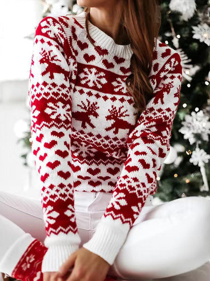 Long Sleeves Contrast Color Knitted Flower Round-Neck Pullovers Sweater Tops