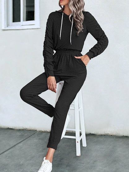 Solid Color Long Sleeves Pleated V-Neck Hoodies Top + Drawstring Elasticity Pants Bottom Two Pieces Set