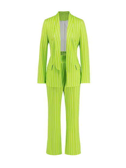 Long Sleeves Striped Lapel Blazer Top + Wide Leg Pants Bottom Two Pieces Set