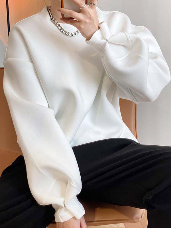 Long Sleeves Loose Solid Color Round-Neck Sweatshirt Tops