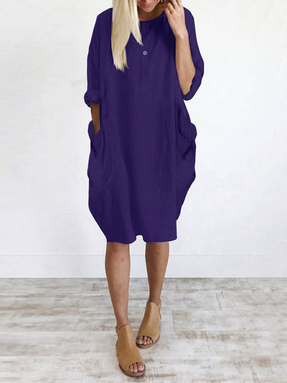 Long Sleeves Loose Pockets Solid Color Round-Neck Mini Dresses