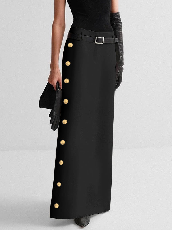 High Waisted Buttoned No Belt Solid Color Skirts Bottoms
