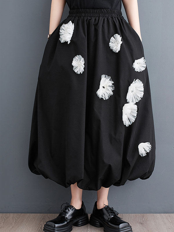 Loose Flower-Embellished Elastics Solid Color Skirts Bottoms