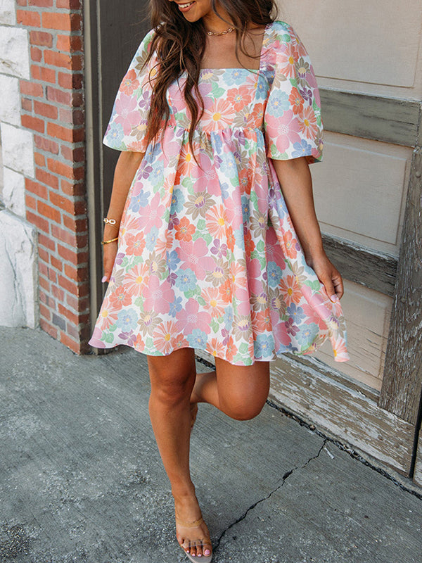 A-Line High Waisted Elasticity Flower Print Pleated Split-Joint Zipper Square-Neck Mini Dresses