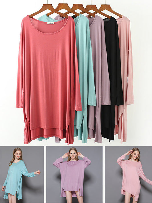 Solid Color Modal Plus Size High-Low Long Sleeve Pajamas Dress