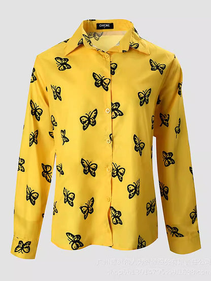 Long Sleeves Loose Butterfly Print Buttoned Split-Joint Lapel Blouses&Shirts Tops