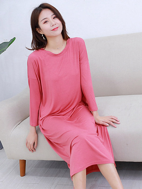 Modal Long Sleeve Split-Side Loose Pajamas Dress