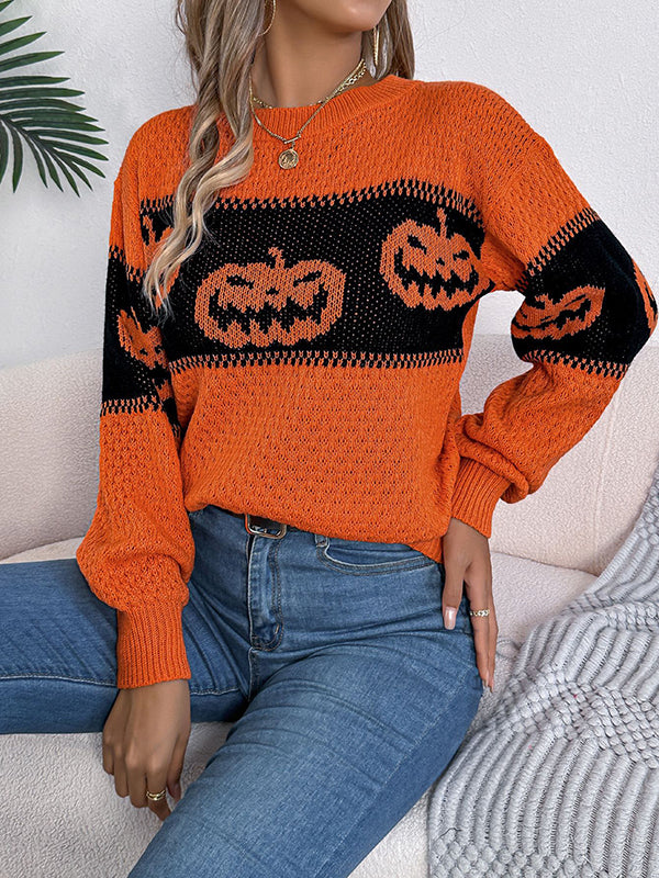 Long Sleeves Loose Contrast Color Split-Joint Round-Neck Pullovers Sweater Tops