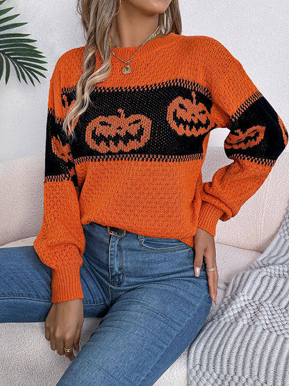 Long Sleeves Loose Contrast Color Split-Joint Round-Neck Pullovers Sweater Tops