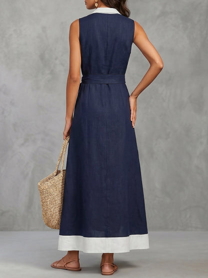 A-Line Loose Buttoned Contrast Color Pockets Tied Zipper Lapel Maxi Dresses