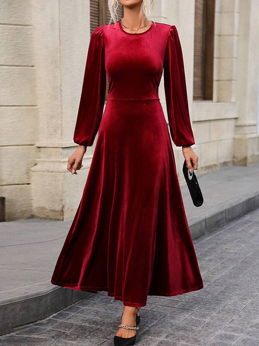 A-Line High Waisted Backless Elasticity Pleated Solid Color Tied Velvet Round-Neck Maxi Dresses