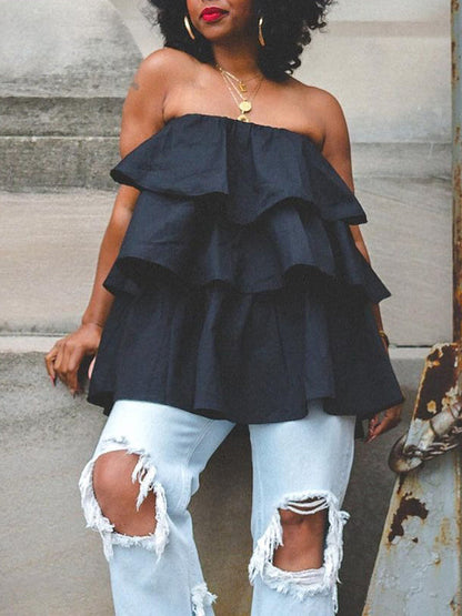 A-Line Loose Elasticity Layered Ruffled Solid Color Tube Vest Top