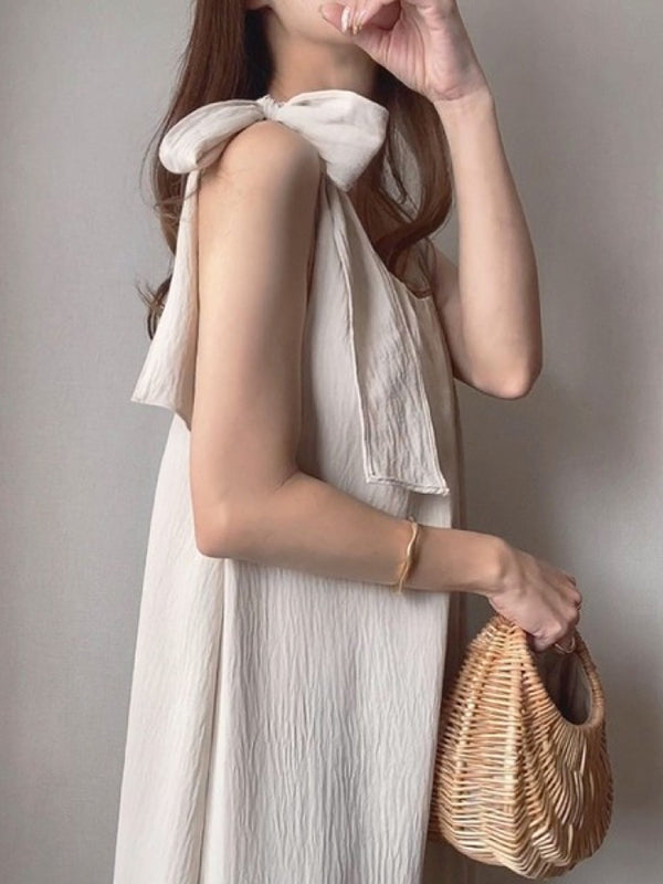 High Waisted Loose Pleated Solid Color Tied Round-Neck Maxi Dresses