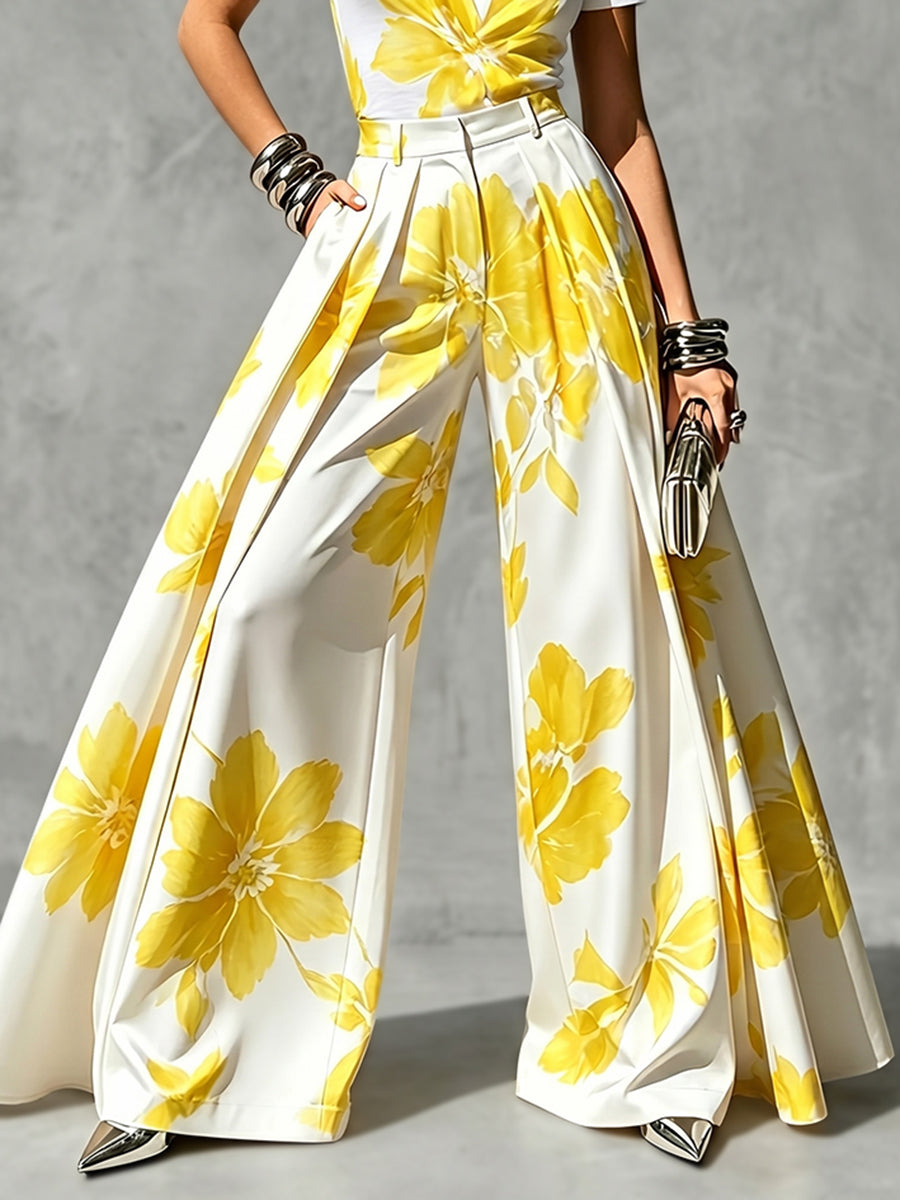 High Waisted Wide Leg Flower Print Pleated Pockets Pants Trousers
