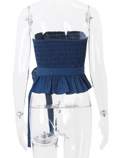 Skinny Sleeveless Elasticity Pleated Ruffled Three-Dimensional Flower Tied Waist Tube Vest Top