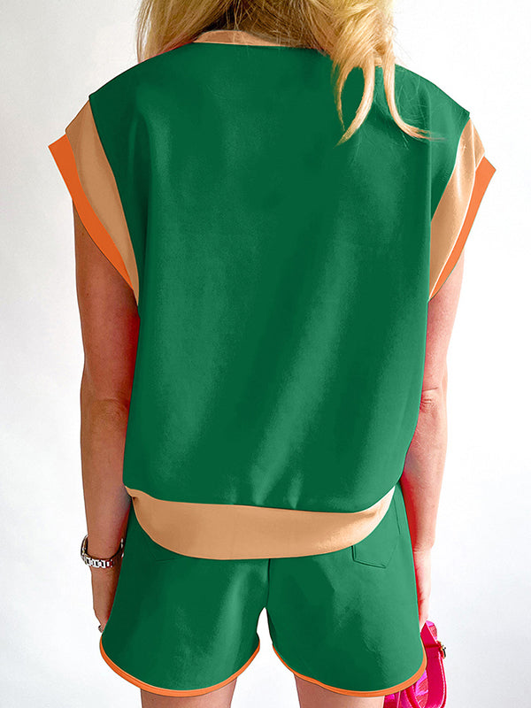 Loose Short Sleeves Contrast Color Split-Joint Round-Neck T-Shirt Top + Elasticity Pockets Shorts Bottom Two Pieces Set