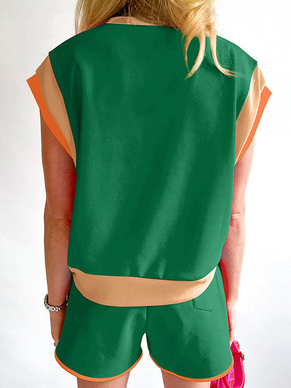 Loose Short Sleeves Contrast Color Split-Joint Round-Neck T-Shirt Top + Elasticity Pockets Shorts Bottom Two Pieces Set