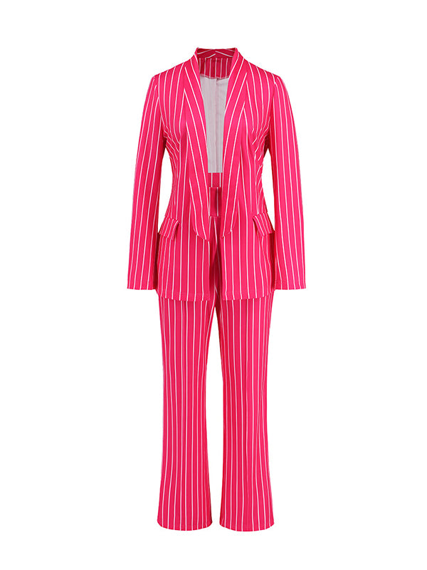 Long Sleeves Striped Lapel Blazer Top + Wide Leg Pants Bottom Two Pieces Set
