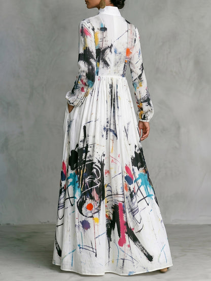Long Sleeves Loose Buttoned Pleated Pockets Printed Split-Joint Stand Collar Maxi Dresses Shirt Dress