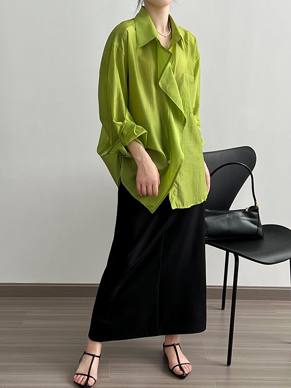 Irregular Clipping Long Sleeves Solid Color Lapel Blouses&Shirts Tops