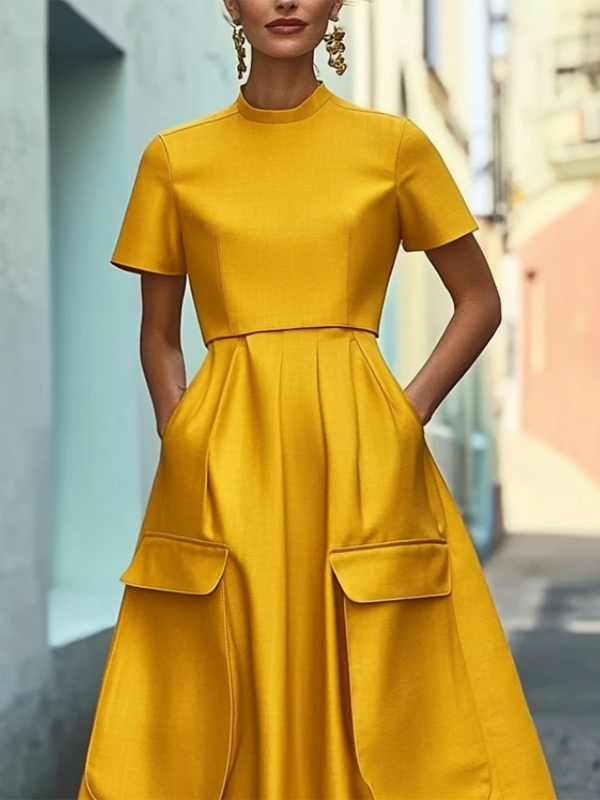 Short Sleeves Pockets Solid Color Stand Collar Maxi Dresses