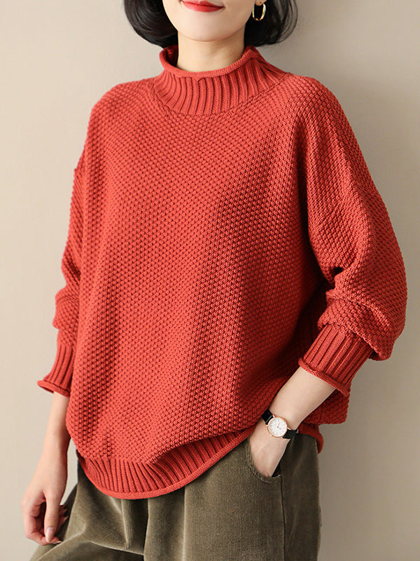 Casual Loose Long Sleeves Solid Color High-Neck Sweater Tops