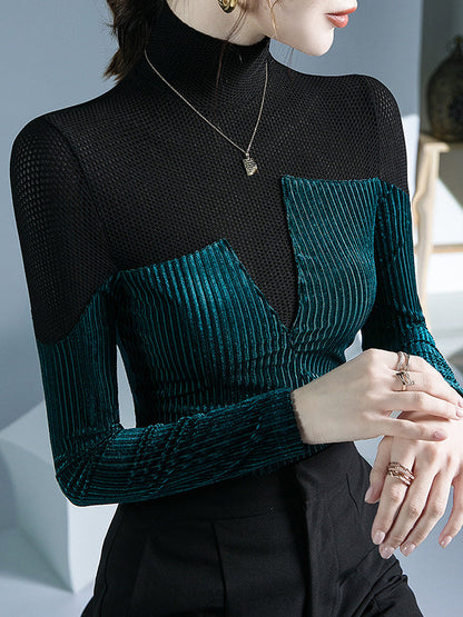 Long Sleeves Skinny Contrast Color Split-Joint High Neck T-Shirts Tops