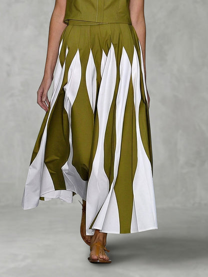 A-Line High Waisted Contrast Color Pleated Printed Skirts Bottoms