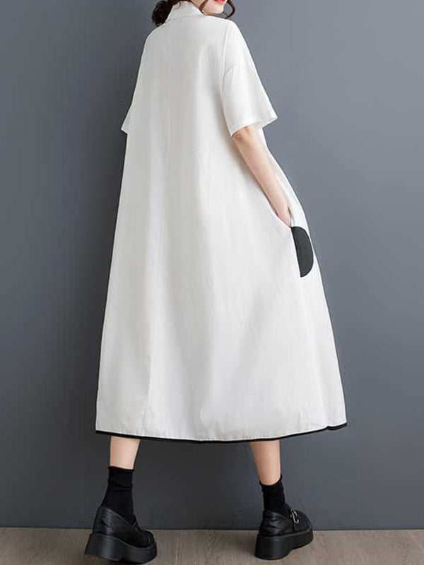 A-Line Half Sleeves Buttoned Pockets Polka-Dot Split-Front Split-Joint Lapel Midi Dresses Shirt Dress