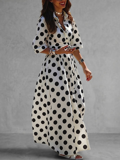 A-Line Half Sleeves Buttoned Contrast Color Elasticity Polka Dot Lapel Maxi Dresses Shirt Dress