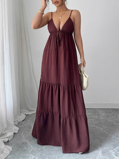 A-Line Sleeveless Backless Drawstring Pleated Solid Color Spaghetti-Neck Maxi Dresses